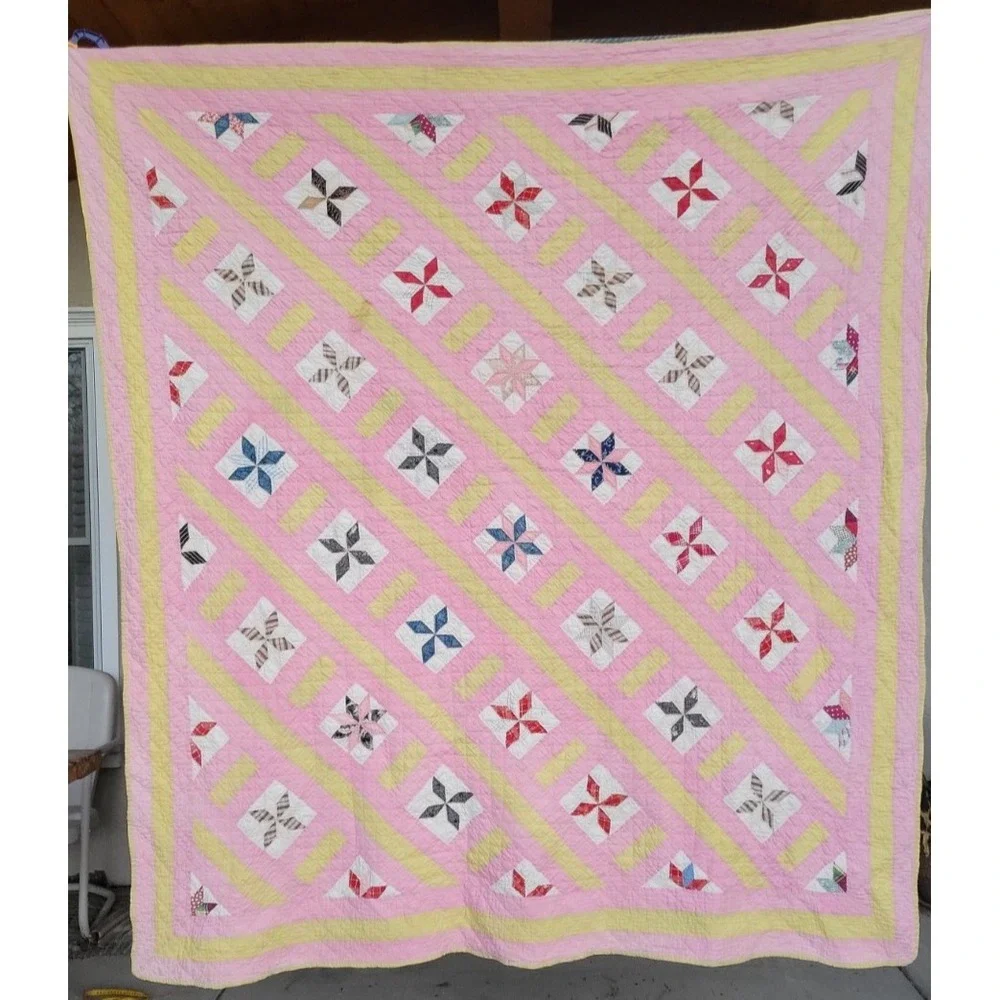 Vintage Friendship Star Quilt‎ Hand Quilted Pink Yellow Patchwork 64x75 Cottage